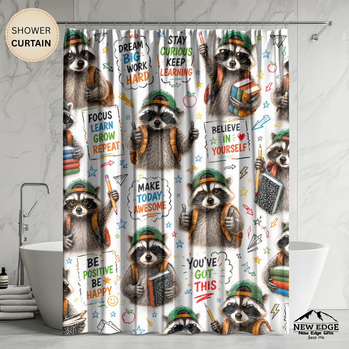 Back to School Raccoon Shower Curtain Dream Big Stay Curious Cute Student Motivational Classroom Bathroom Decor Kids Gift