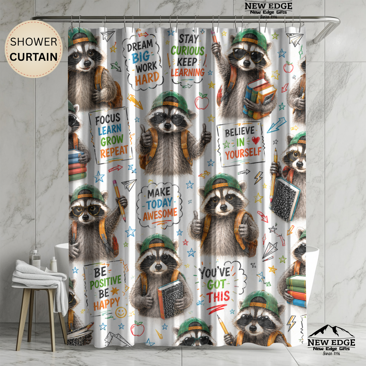 Back to School Raccoon Shower Curtain Dream Big Stay Curious Cute Student Motivational Classroom Bathroom Decor Kids Gift