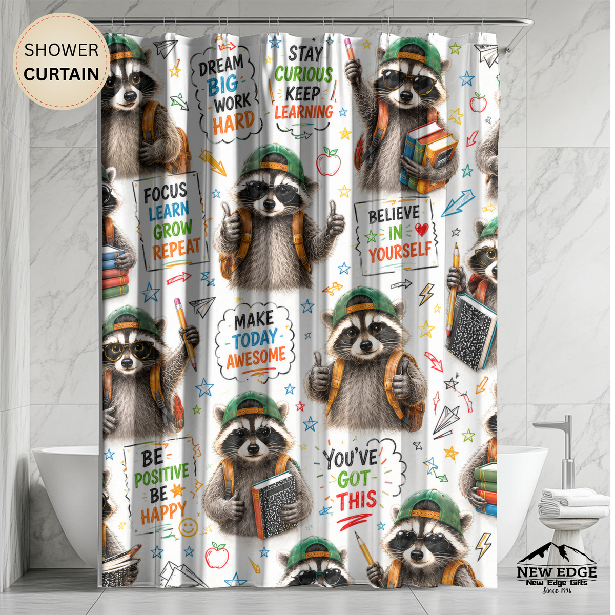 Back to School Raccoon Shower Curtain Dream Big Stay Curious Cute Student Motivational Classroom Bathroom Decor Kids Gift