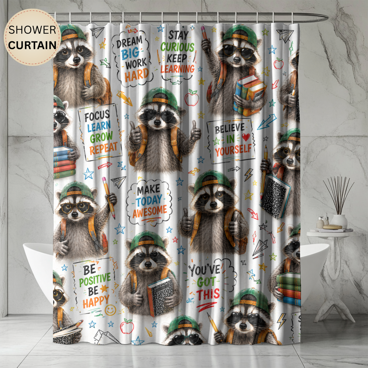 Back to School Raccoon Shower Curtain Dream Big Stay Curious Cute Student Motivational Classroom Bathroom Decor Kids Gift