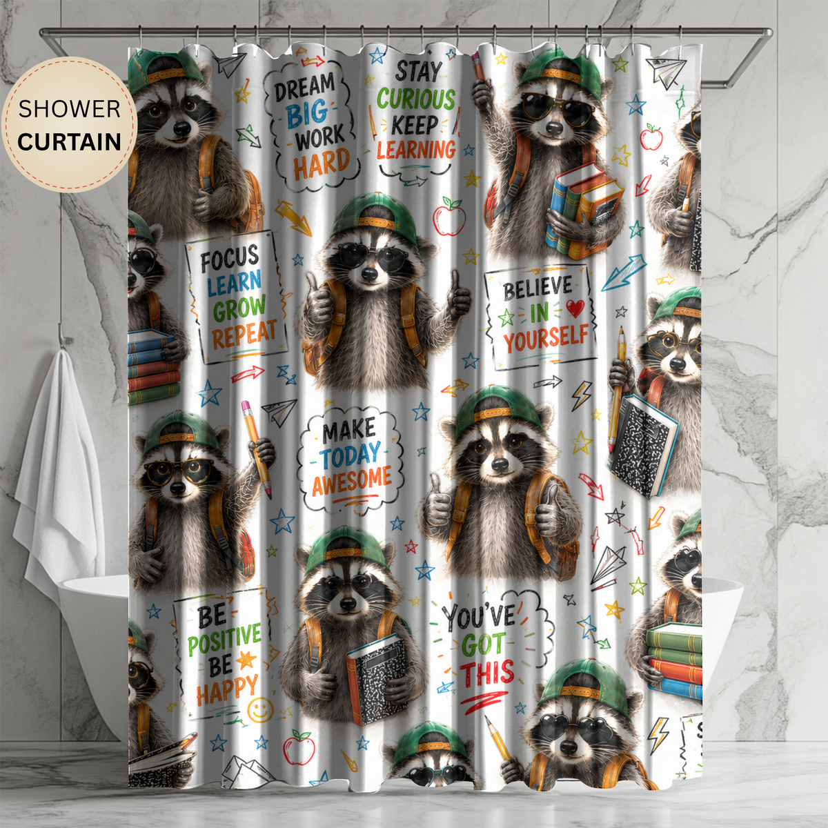 Back to School Raccoon Shower Curtain Dream Big Stay Curious Cute Student Motivational Classroom Bathroom Decor Kids Gift