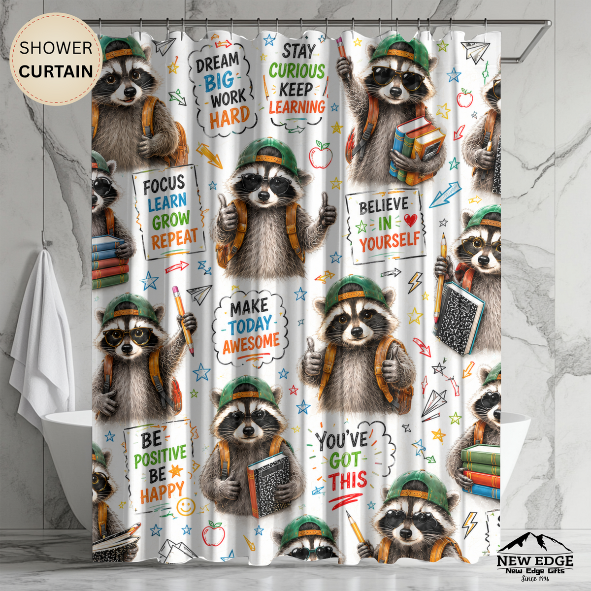 Back to School Raccoon Shower Curtain Dream Big Stay Curious Cute Student Motivational Classroom Bathroom Decor Kids Gift