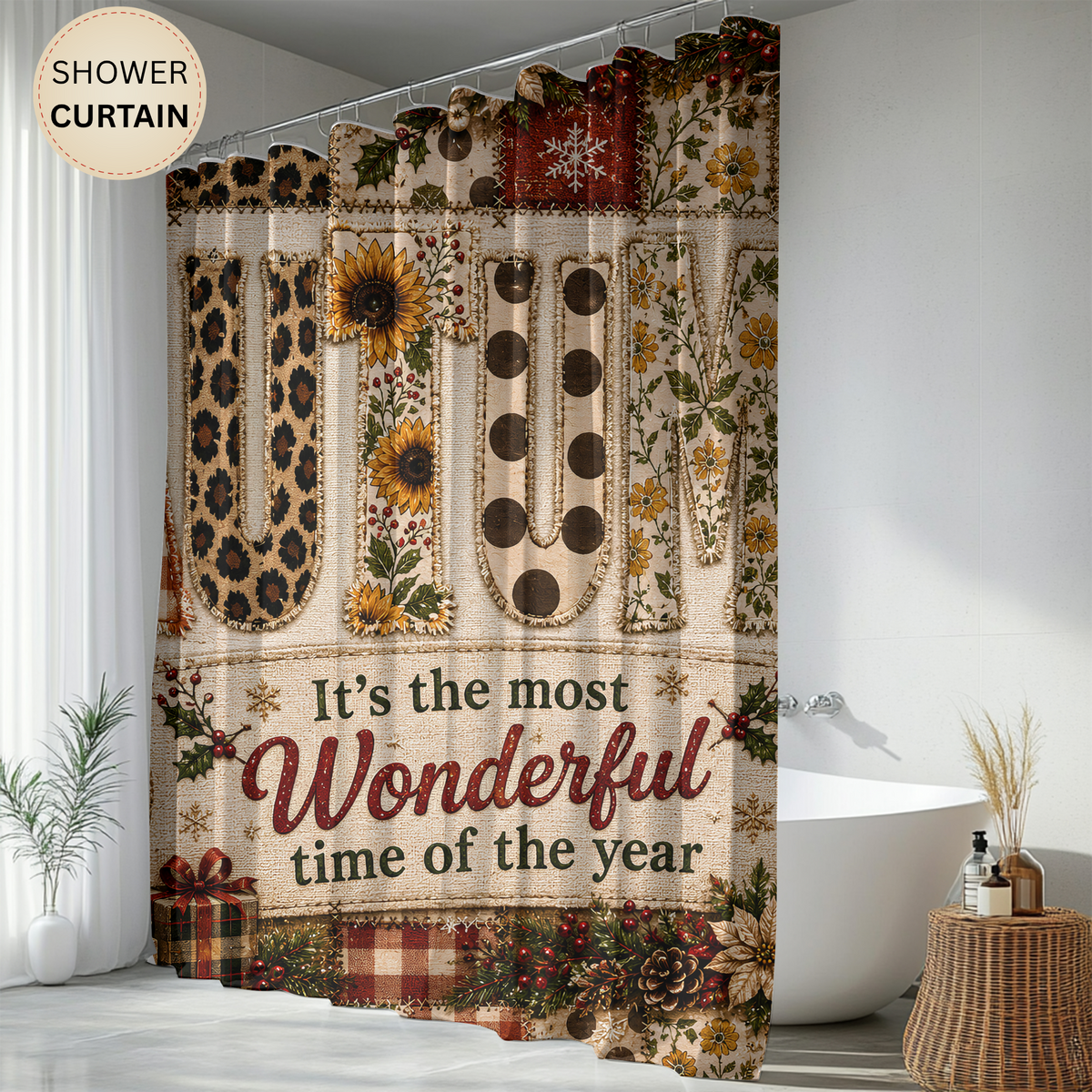 Autumn Christmas Shower Curtain Faux Patchwork Plaid Leopard Sunflower Rustic Farmhouse Holiday Bathroom Decor