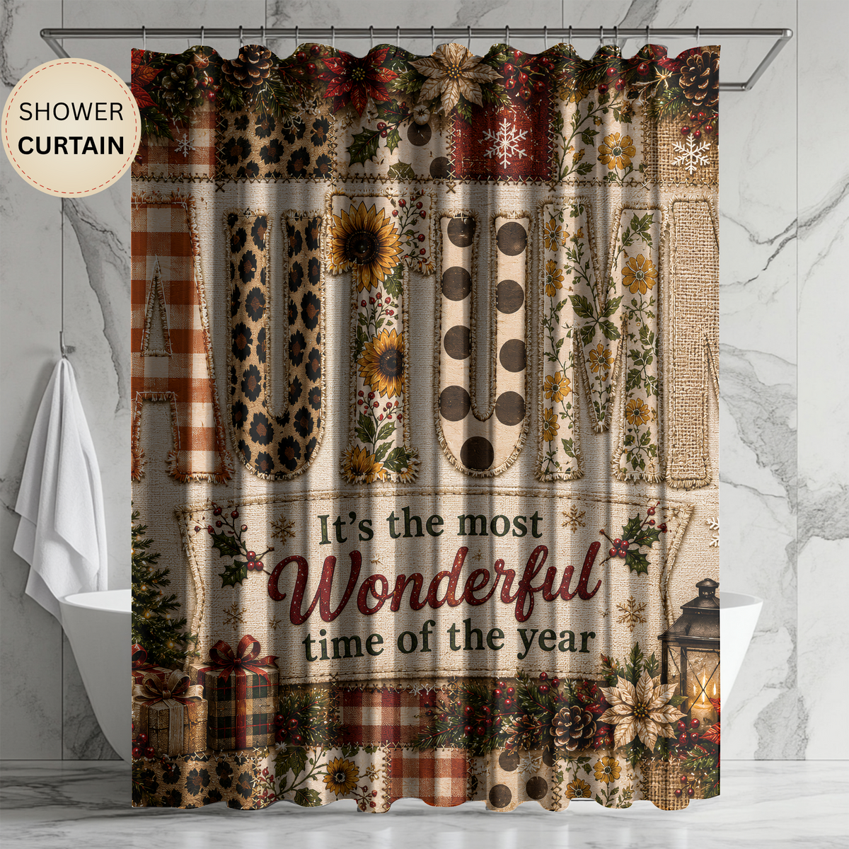 Autumn Christmas Shower Curtain Faux Patchwork Plaid Leopard Sunflower Rustic Farmhouse Holiday Bathroom Decor