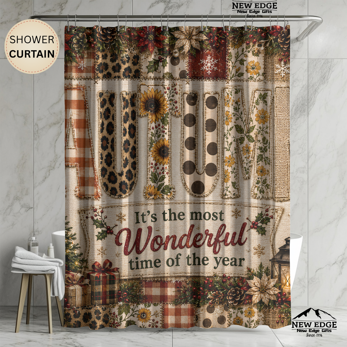 Autumn Christmas Shower Curtain Faux Patchwork Plaid Leopard Sunflower Rustic Farmhouse Holiday Bathroom Decor