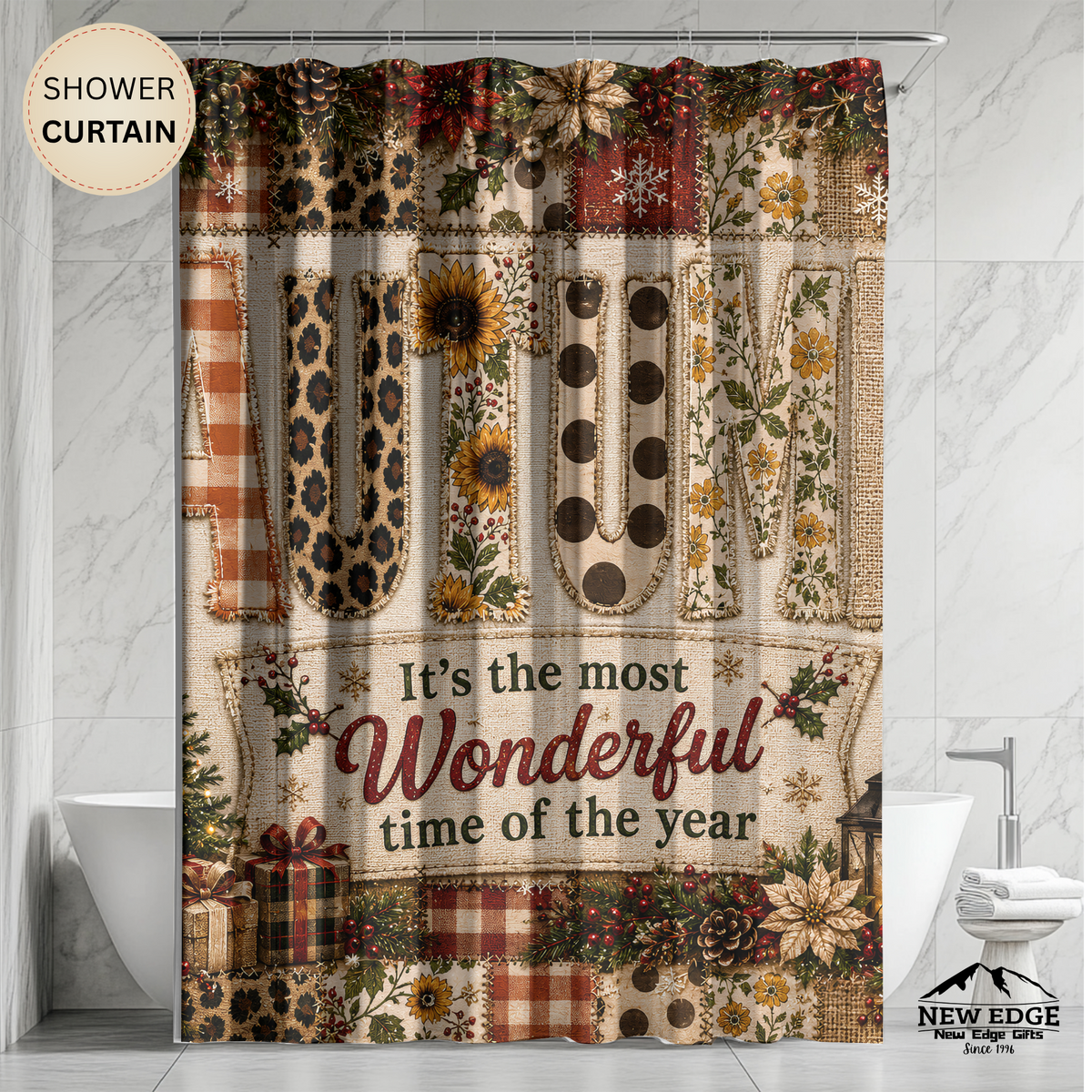 Autumn Christmas Shower Curtain Faux Patchwork Plaid Leopard Sunflower Rustic Farmhouse Holiday Bathroom Decor