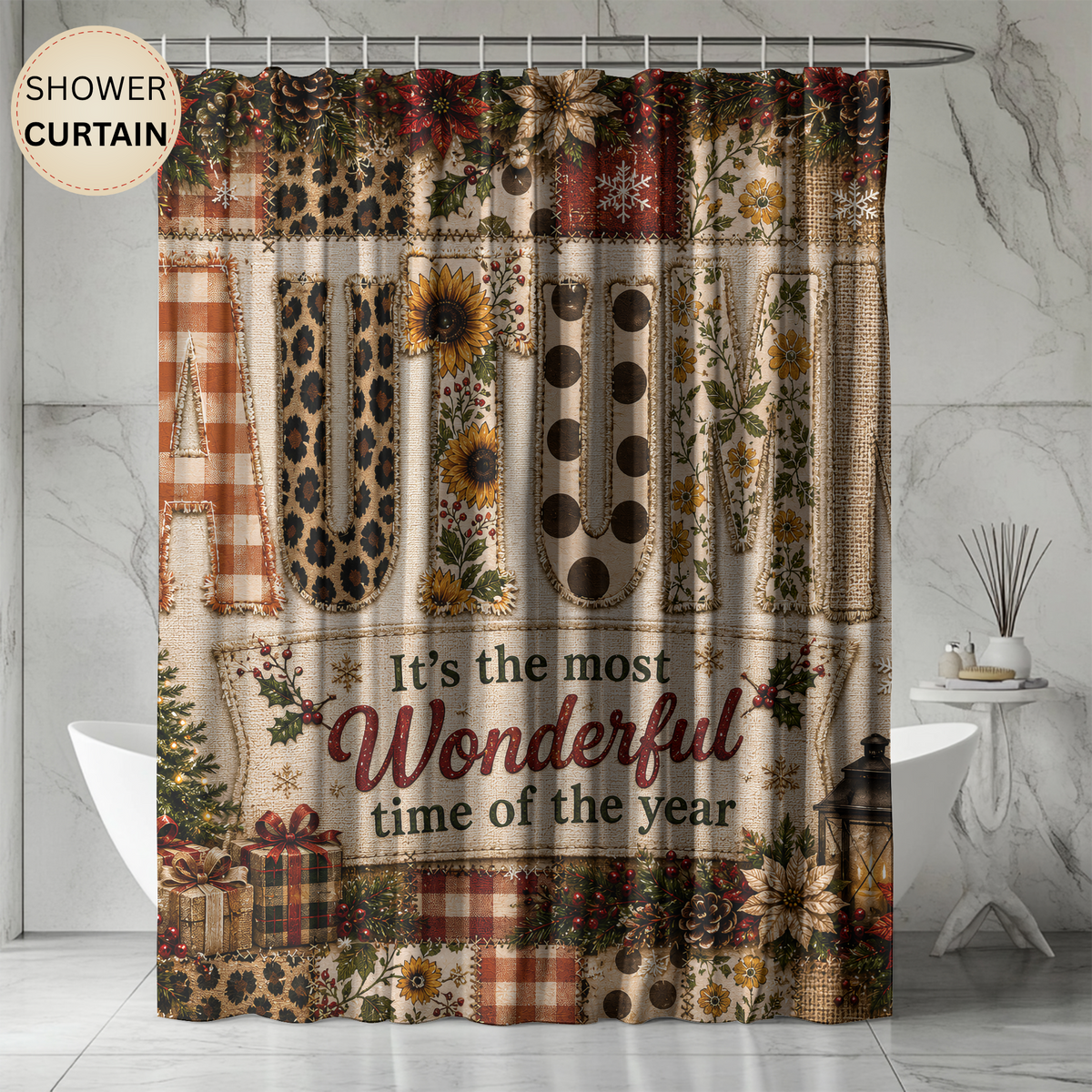 Autumn Christmas Shower Curtain Faux Patchwork Plaid Leopard Sunflower Rustic Farmhouse Holiday Bathroom Decor