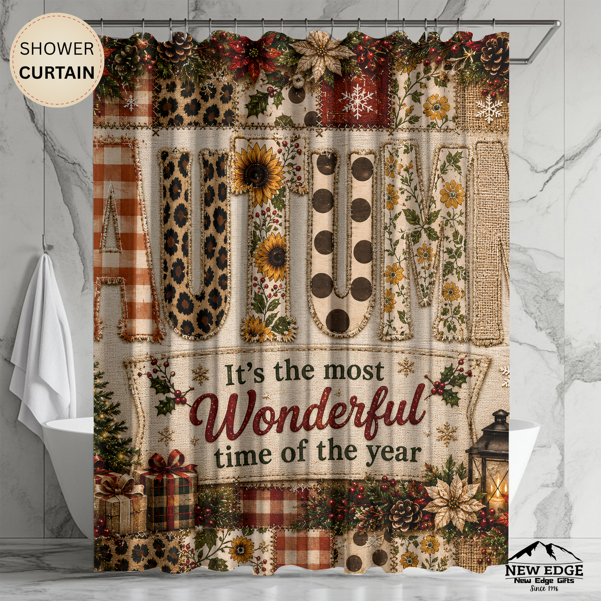 Autumn Christmas Shower Curtain Faux Patchwork Plaid Leopard Sunflower Rustic Farmhouse Holiday Bathroom Decor