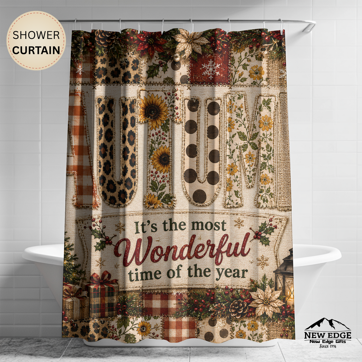 Autumn Christmas Shower Curtain Faux Patchwork Plaid Leopard Sunflower Rustic Farmhouse Holiday Bathroom Decor