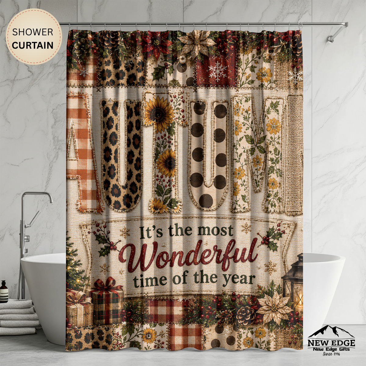 Autumn Christmas Shower Curtain Faux Patchwork Plaid Leopard Sunflower Rustic Farmhouse Holiday Bathroom Decor