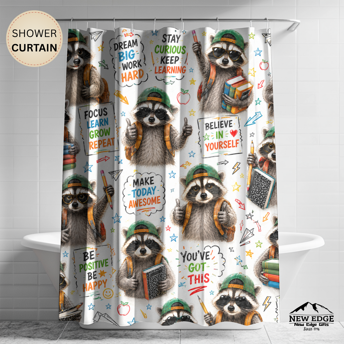Back to School Raccoon Shower Curtain Dream Big Stay Curious Cute Student Classroom Motivational School Bathroom Decor