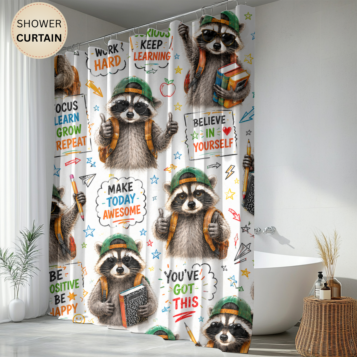 Back to School Raccoon Shower Curtain Dream Big Stay Curious Cute Student Classroom Motivational School Bathroom Decor