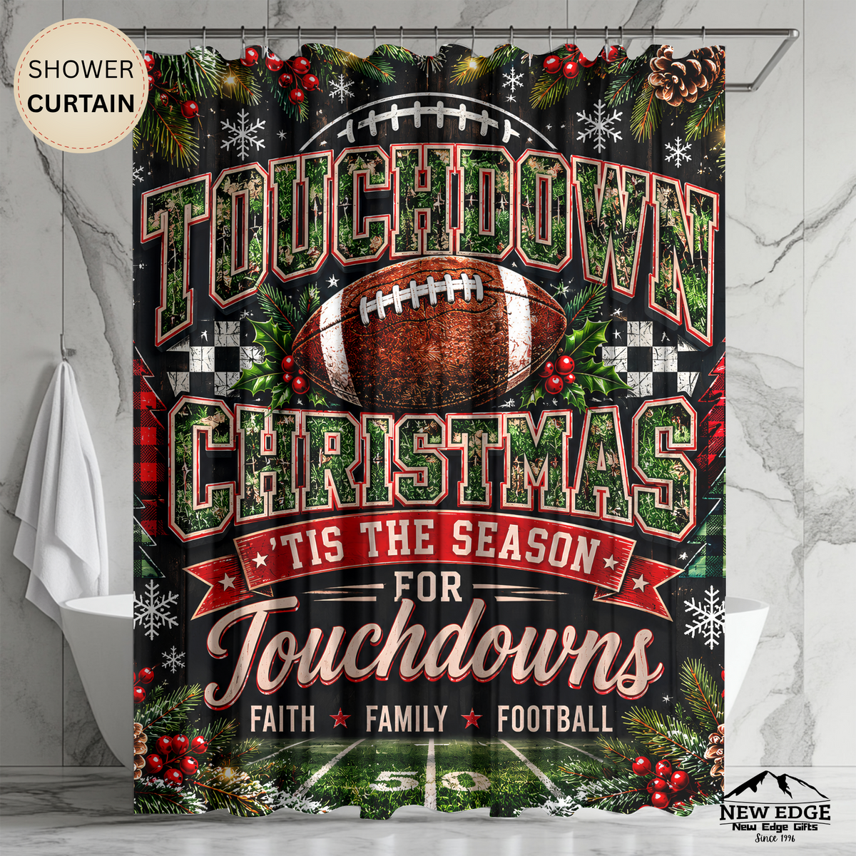 Christmas Football Shower Curtain Touchdown Christmas Faith Family Football Holiday Sports Rustic Farmhouse Bathroom Decor