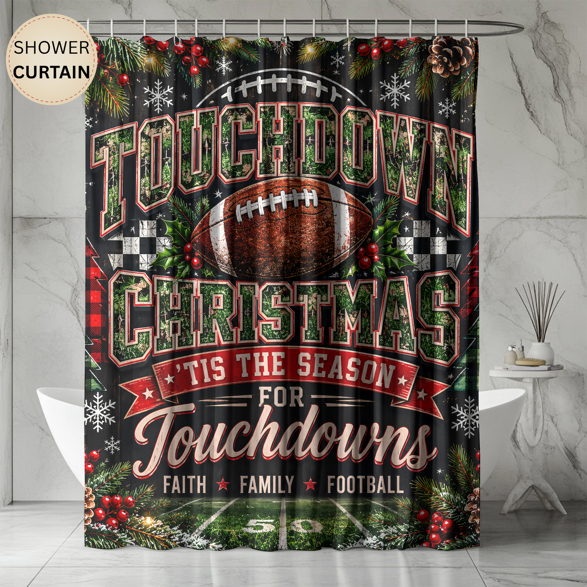 Christmas Football Shower Curtain Touchdown Christmas Faith Family Football Holiday Sports Rustic Farmhouse Bathroom Decor