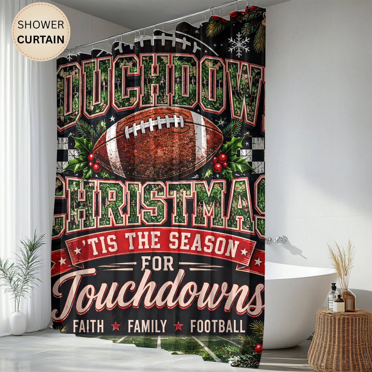Christmas Football Shower Curtain Touchdown Christmas Faith Family Football Holiday Sports Rustic Farmhouse Bathroom Decor