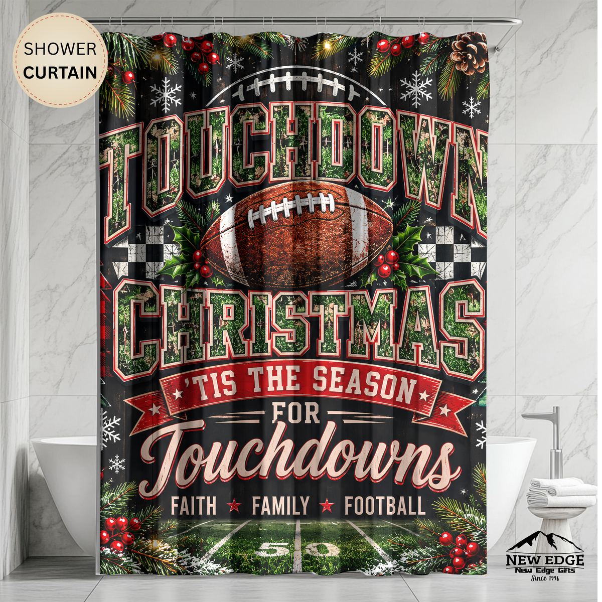 Christmas Football Shower Curtain Touchdown Christmas Faith Family Football Holiday Sports Rustic Farmhouse Bathroom Decor
