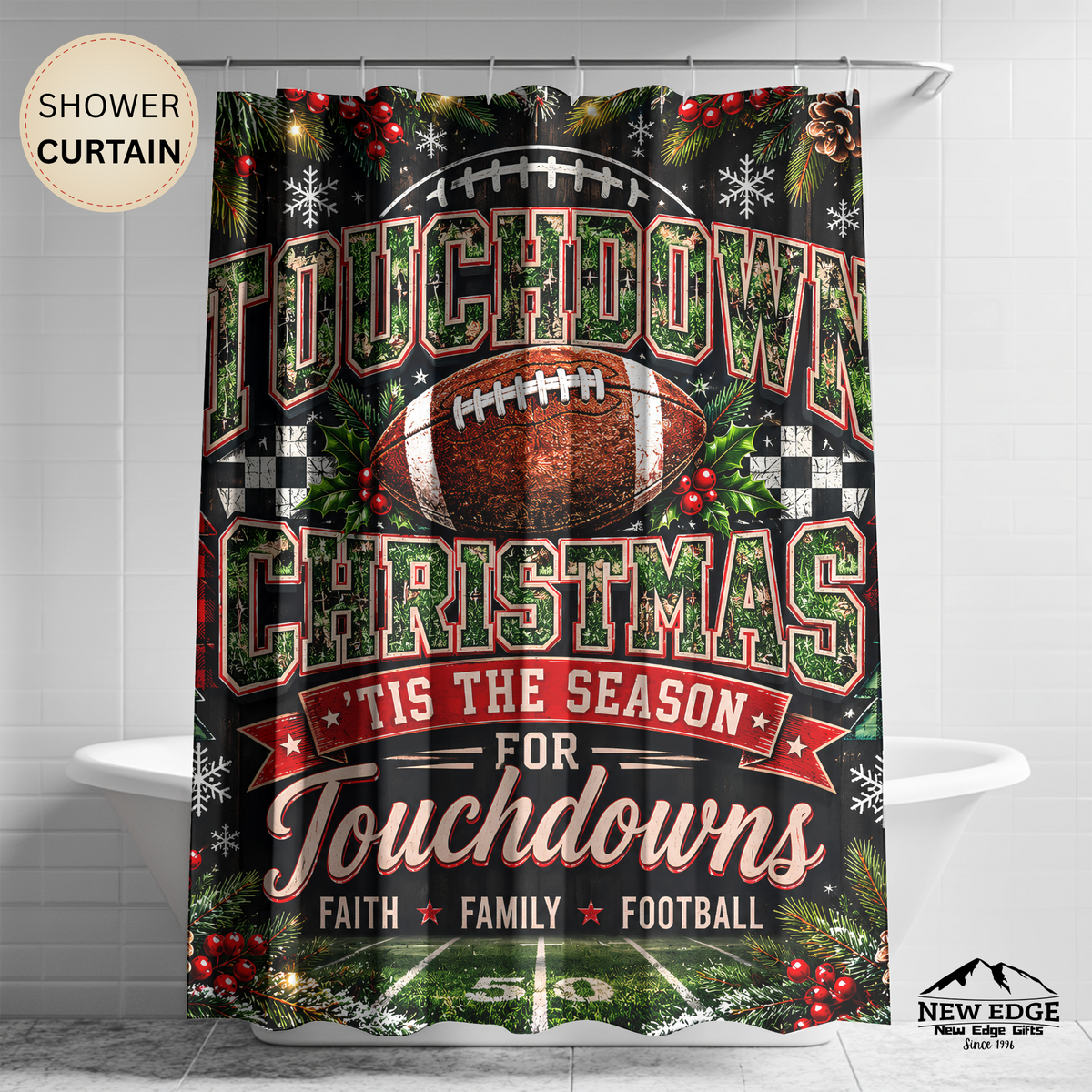 Christmas Football Shower Curtain Touchdown Christmas Faith Family Football Holiday Sports Rustic Farmhouse Bathroom Decor