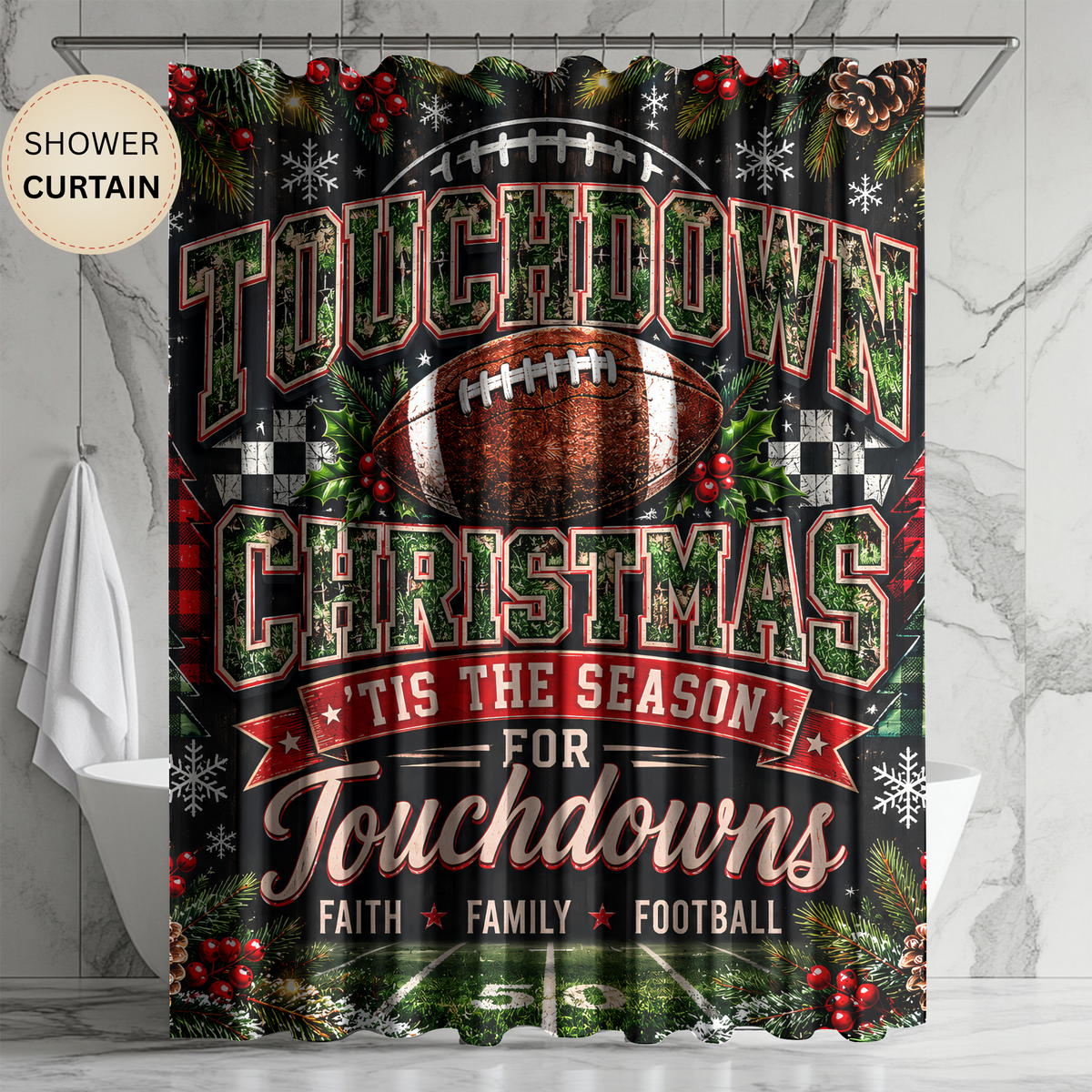 Christmas Football Shower Curtain Touchdown Christmas Faith Family Football Holiday Sports Rustic Farmhouse Bathroom Decor