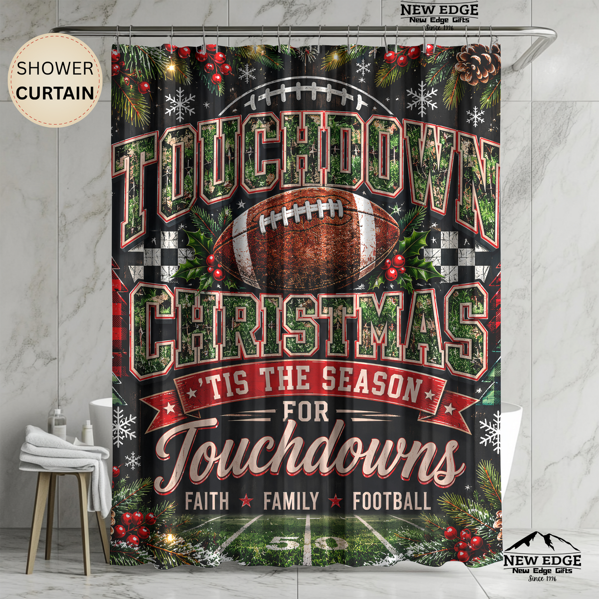 Christmas Football Shower Curtain Touchdown Christmas Faith Family Football Holiday Sports Rustic Farmhouse Bathroom Decor