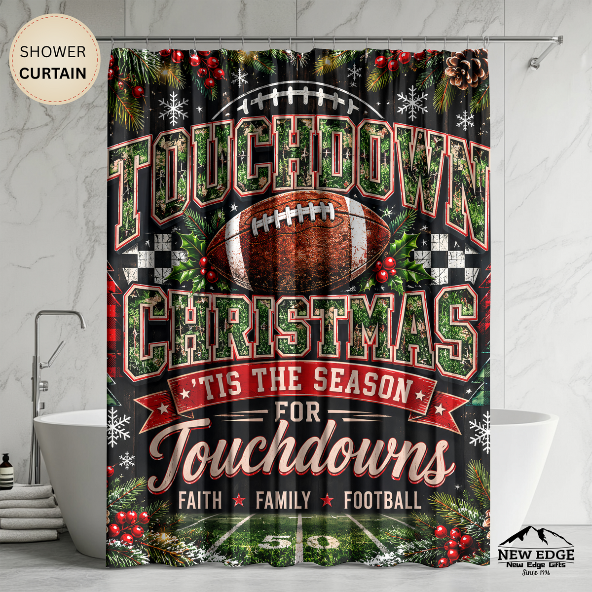 Christmas Football Shower Curtain Touchdown Christmas Faith Family Football Holiday Sports Rustic Farmhouse Bathroom Decor