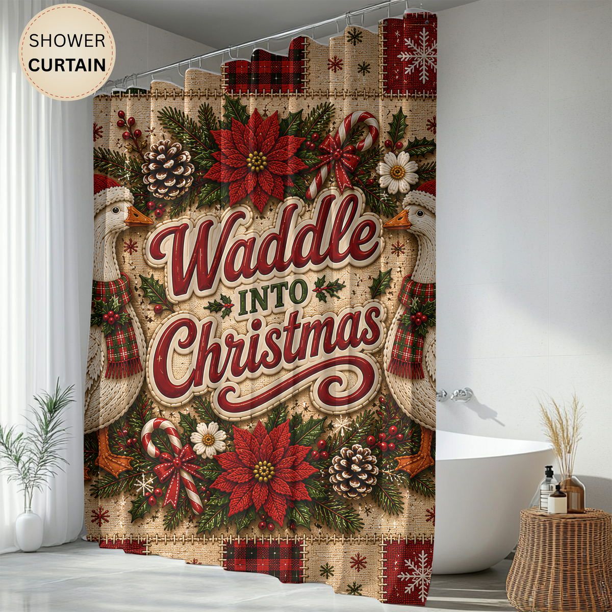 Christmas Goose Shower Curtain Waddle Into Christmas Festive Goose Faux Patchwork Rustic Farmhouse Holiday Bathroom Decor
