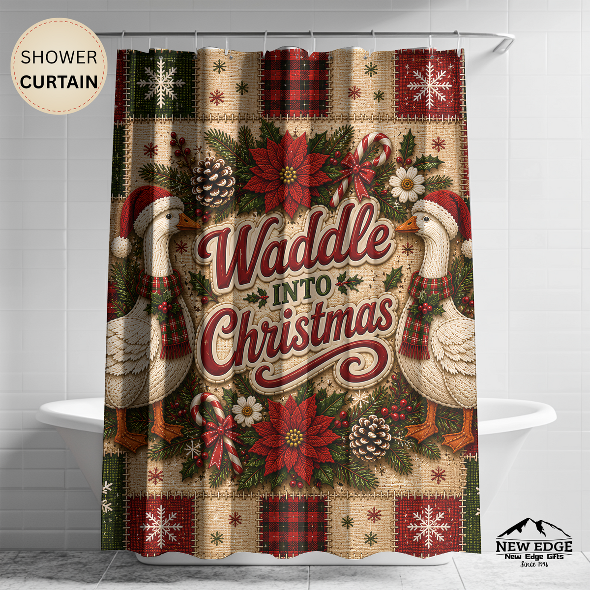 Christmas Goose Shower Curtain Waddle Into Christmas Festive Goose Faux Patchwork Rustic Farmhouse Holiday Bathroom Decor