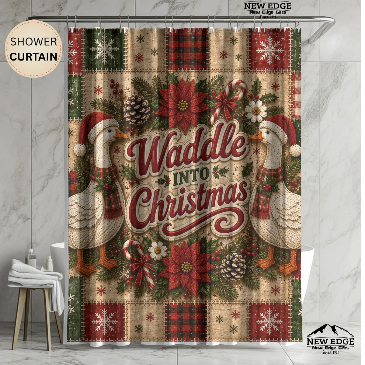 Christmas Goose Shower Curtain Waddle Into Christmas Festive Goose Faux Patchwork Rustic Farmhouse Holiday Bathroom Decor