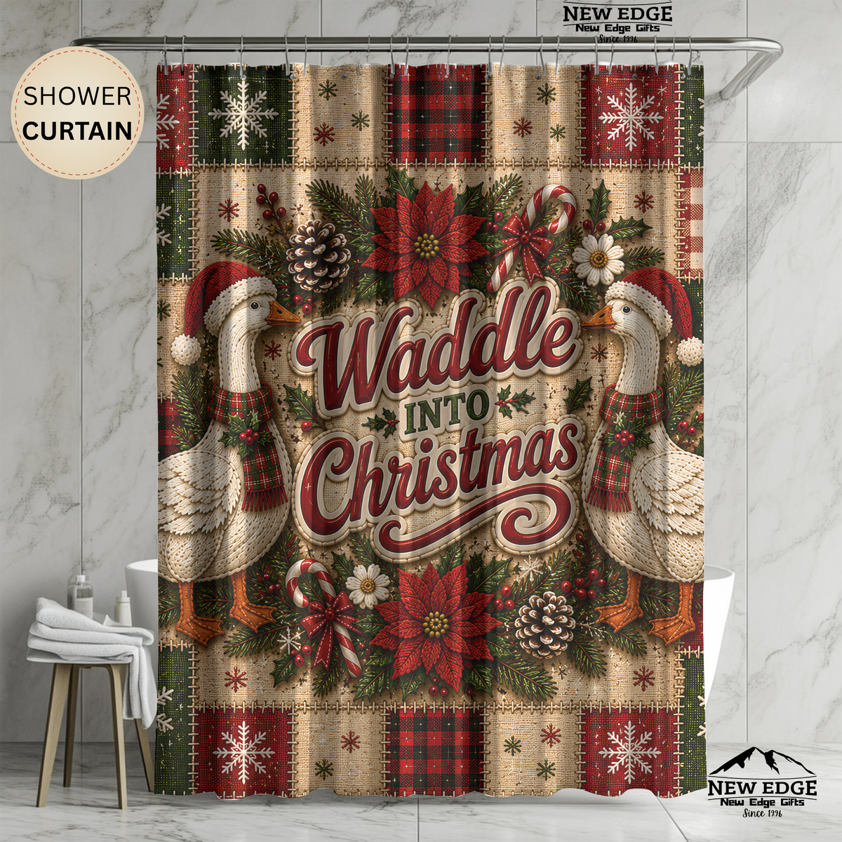Christmas Goose Shower Curtain Waddle Into Christmas Festive Goose Faux Patchwork Rustic Farmhouse Holiday Bathroom Decor