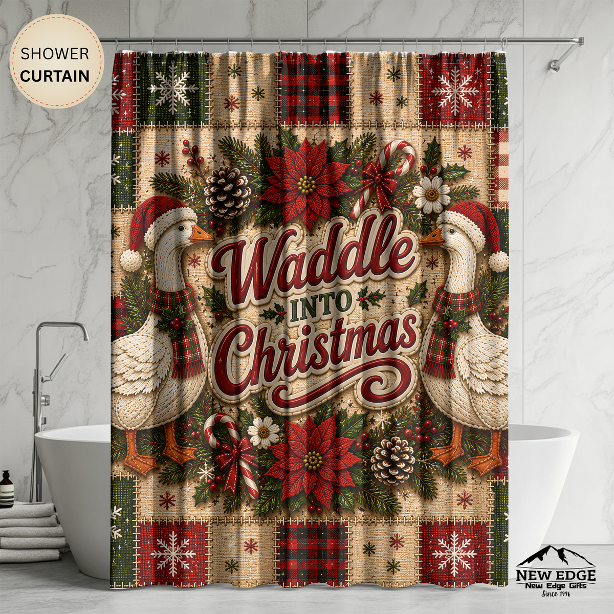 Christmas Goose Shower Curtain Waddle Into Christmas Festive Goose Faux Patchwork Rustic Farmhouse Holiday Bathroom Decor