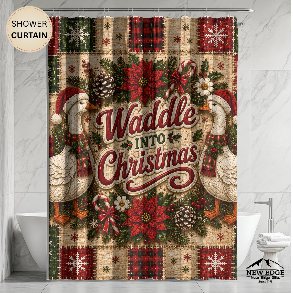 Christmas Goose Shower Curtain Waddle Into Christmas Festive Goose Faux Patchwork Rustic Farmhouse Holiday Bathroom Decor
