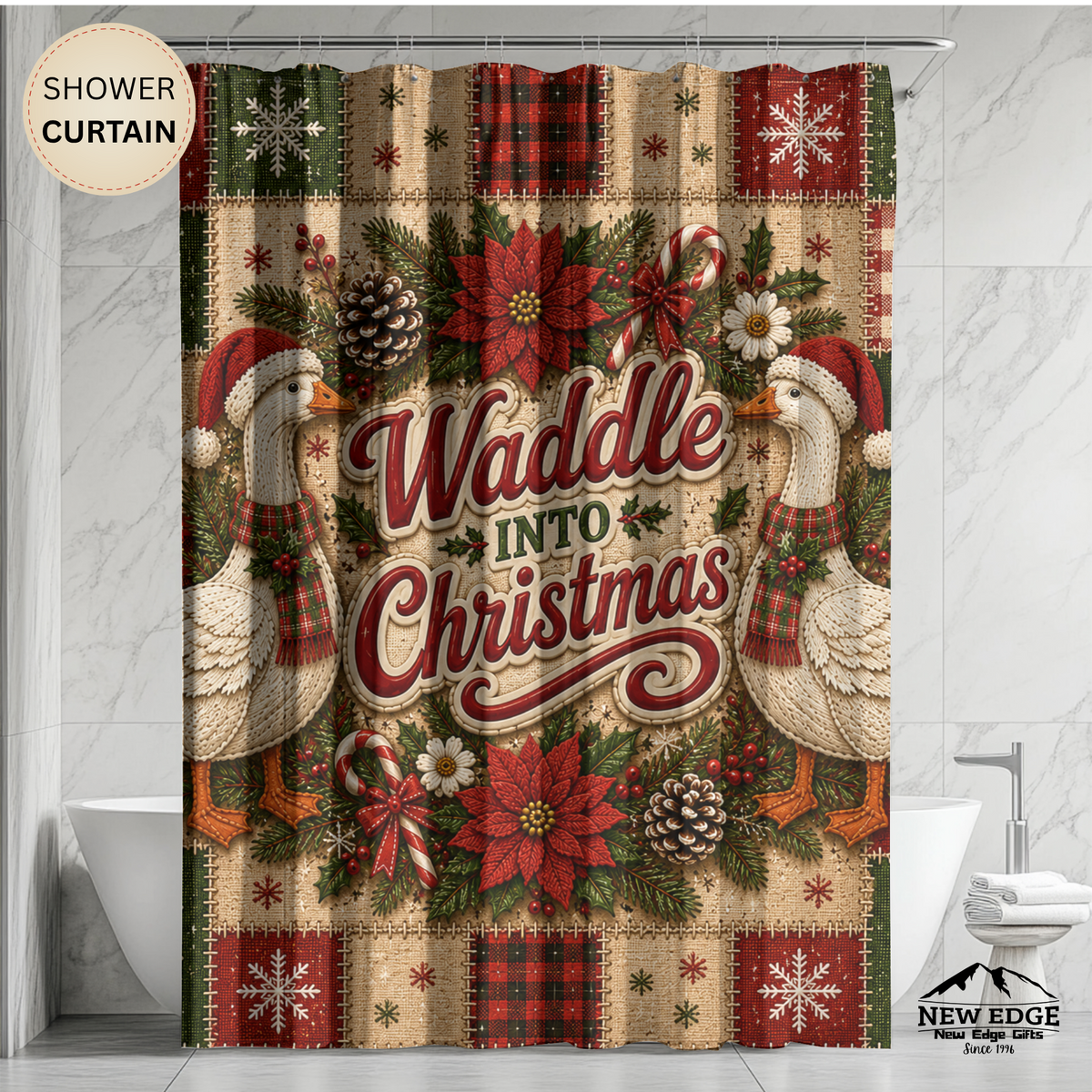 Christmas Goose Shower Curtain Waddle Into Christmas Festive Goose Faux Patchwork Rustic Farmhouse Holiday Bathroom Decor