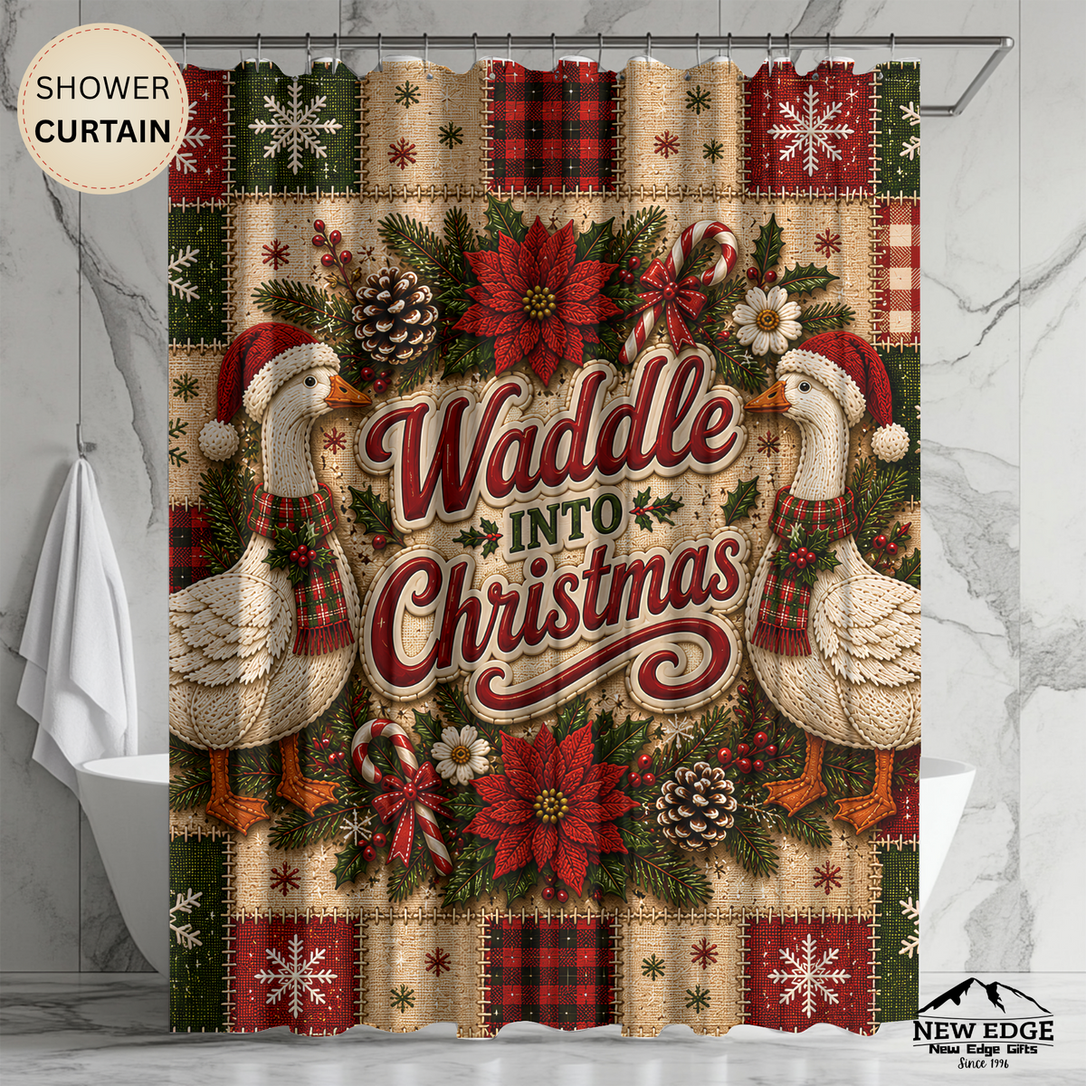 Christmas Goose Shower Curtain Waddle Into Christmas Festive Goose Faux Patchwork Rustic Farmhouse Holiday Bathroom Decor