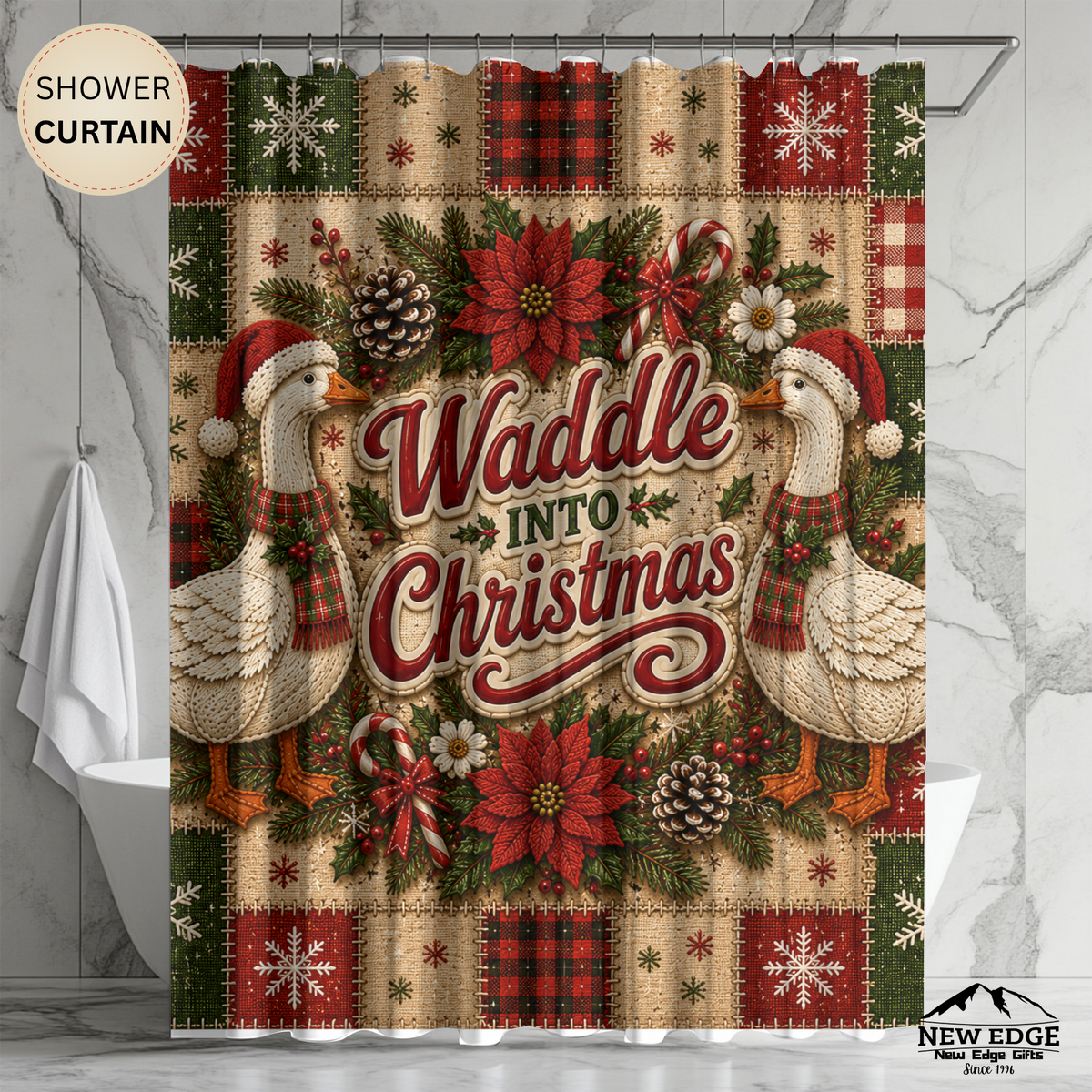 Christmas Goose Shower Curtain Waddle Into Christmas Festive Goose Faux Patchwork Rustic Farmhouse Holiday Bathroom Decor
