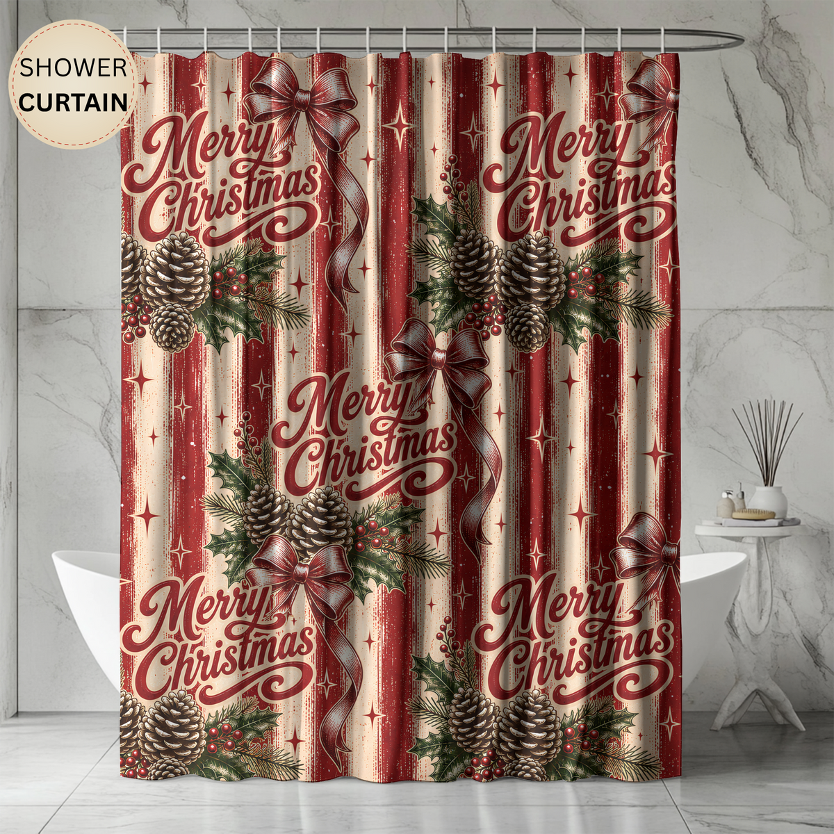 Merry Christmas Shower Curtain Pinecones Holly Berries Red Bows Rustic Stripes Farmhouse Holiday Bathroom Decor