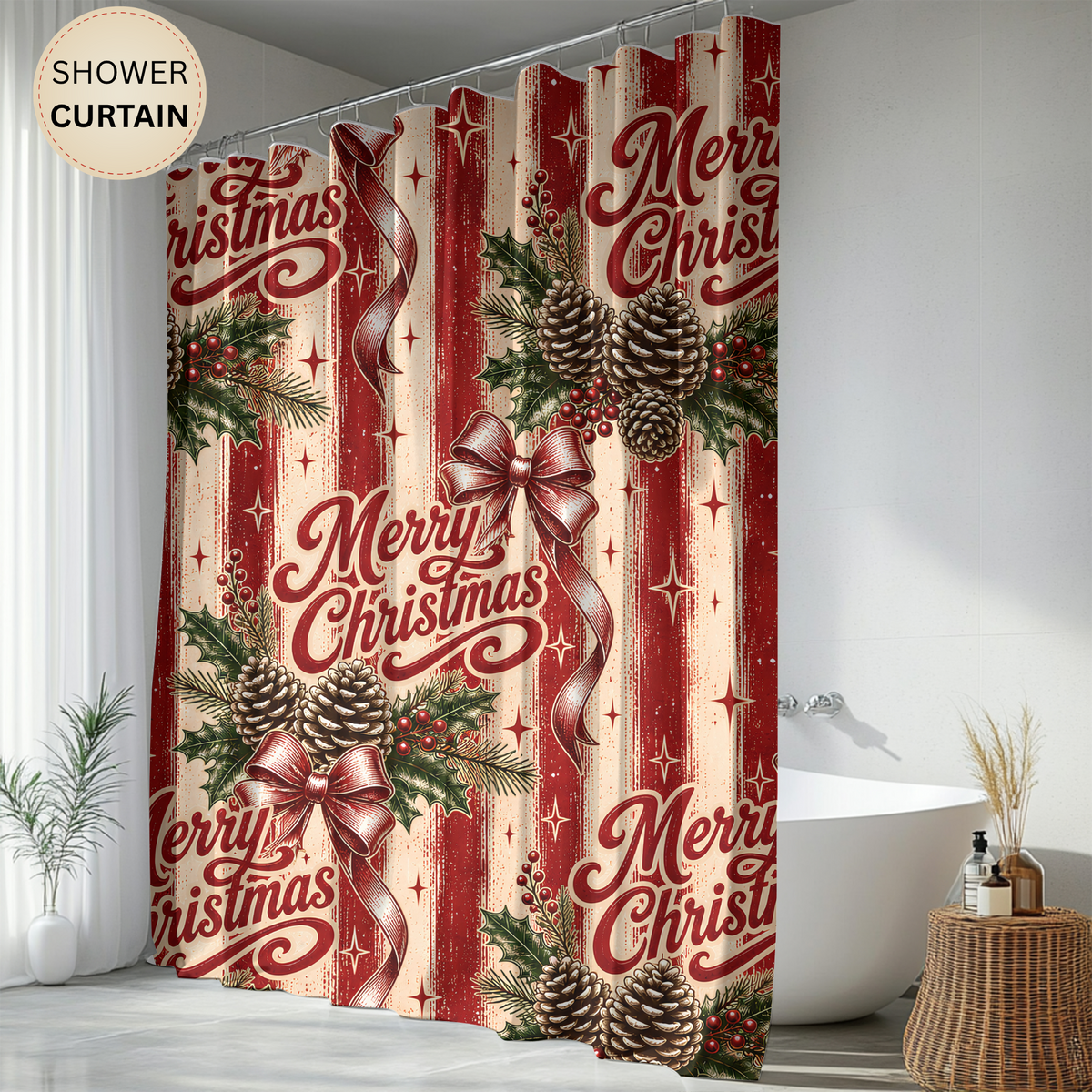 Merry Christmas Shower Curtain Pinecones Holly Berries Red Bows Rustic Stripes Farmhouse Holiday Bathroom Decor