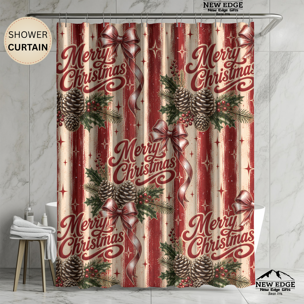 Merry Christmas Shower Curtain Pinecones Holly Berries Red Bows Rustic Stripes Farmhouse Holiday Bathroom Decor