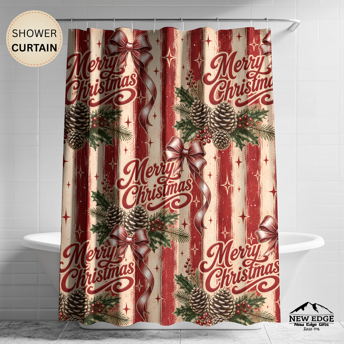Merry Christmas Shower Curtain Pinecones Holly Berries Red Bows Rustic Stripes Farmhouse Holiday Bathroom Decor