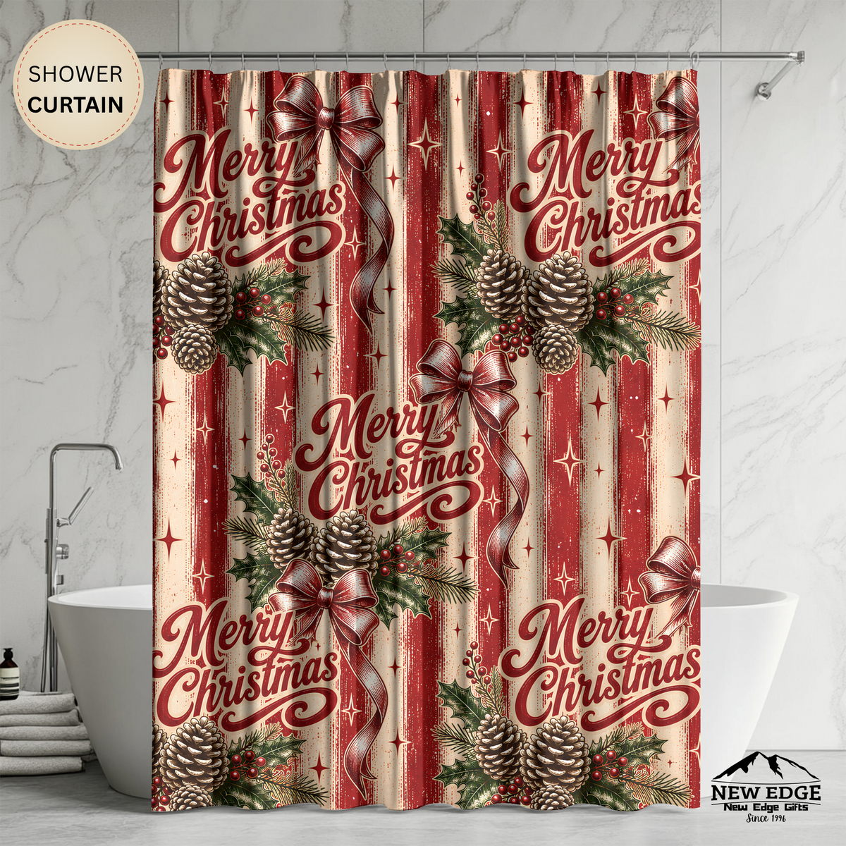 Merry Christmas Shower Curtain Pinecones Holly Berries Red Bows Rustic Stripes Farmhouse Holiday Bathroom Decor