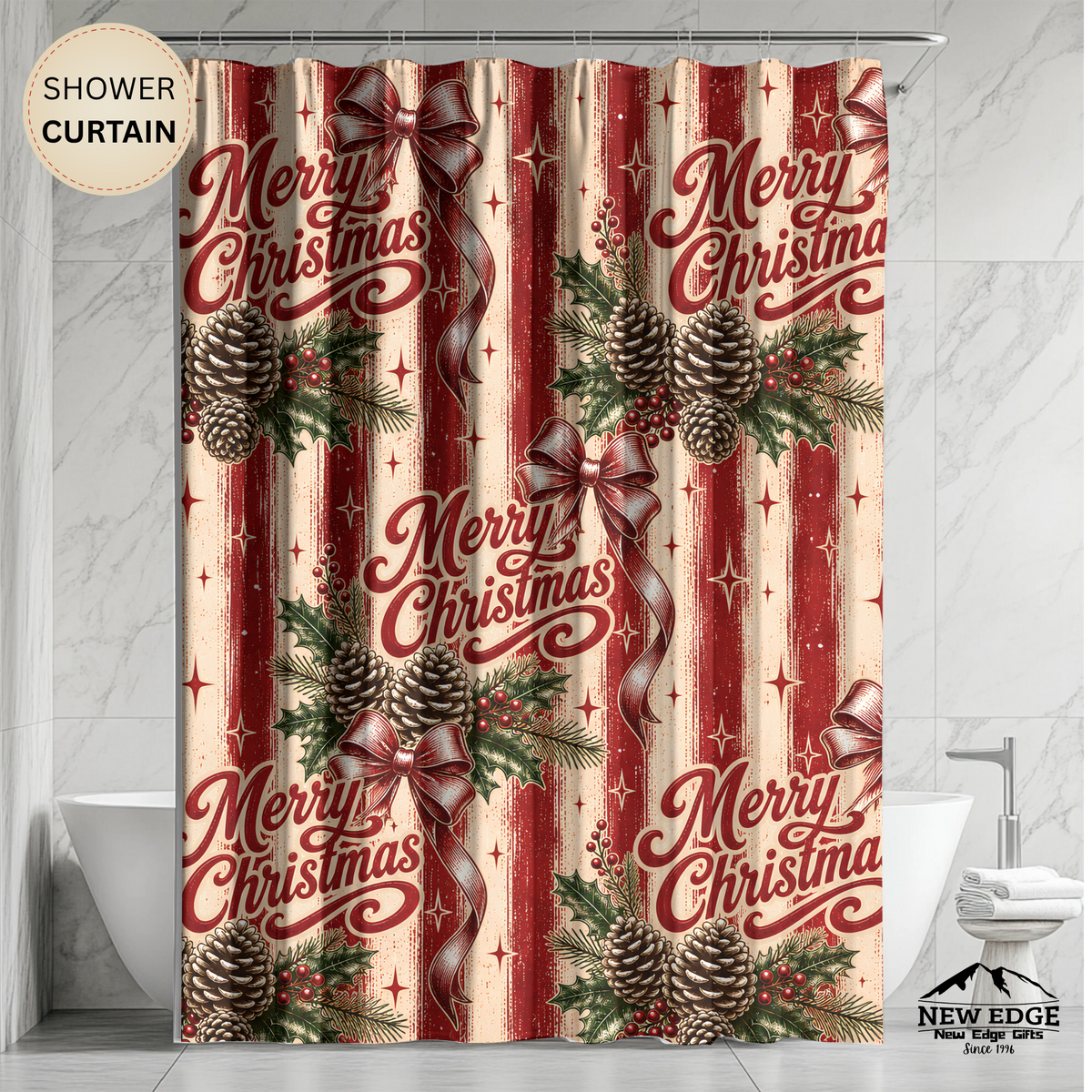 Merry Christmas Shower Curtain Pinecones Holly Berries Red Bows Rustic Stripes Farmhouse Holiday Bathroom Decor