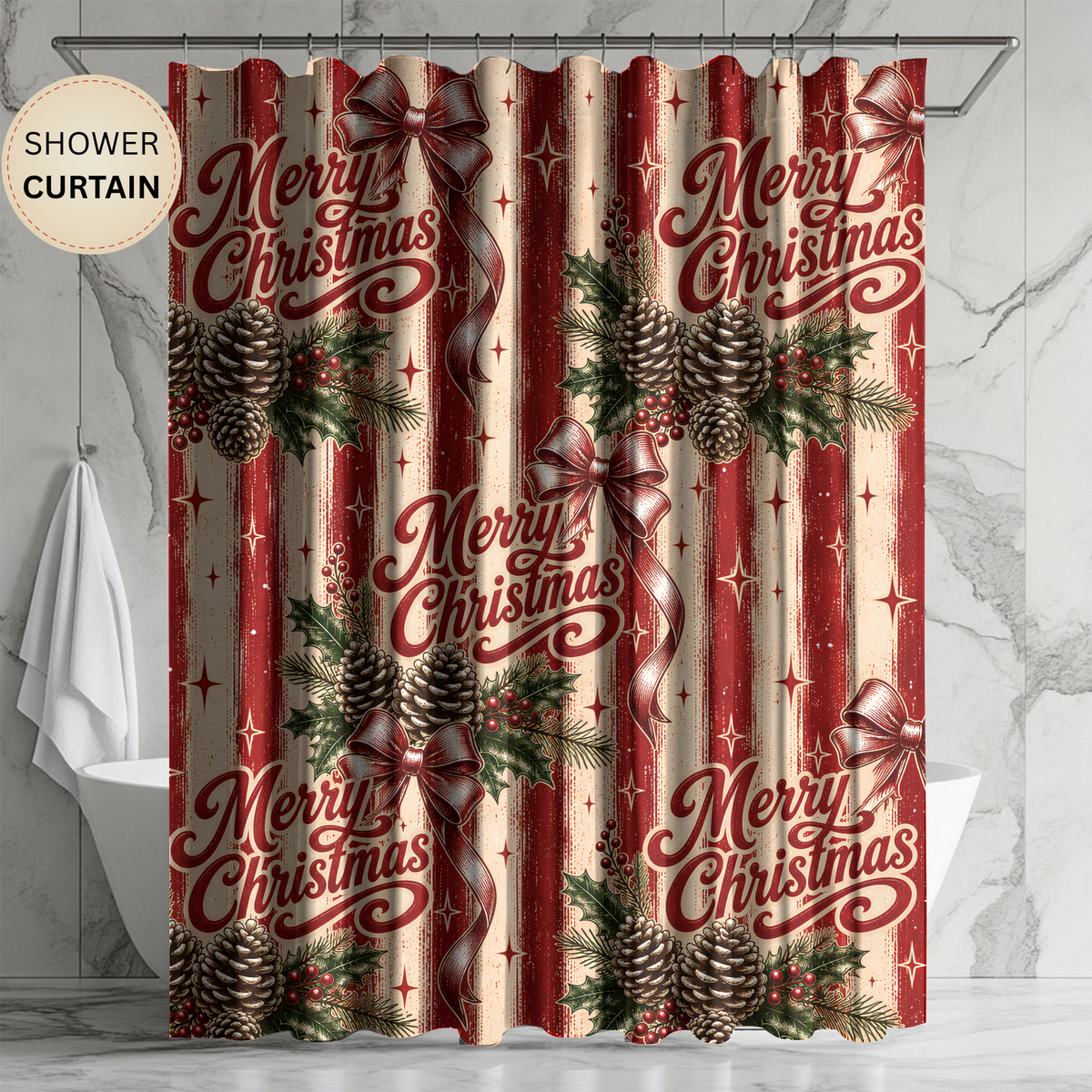 Merry Christmas Shower Curtain Pinecones Holly Berries Red Bows Rustic Stripes Farmhouse Holiday Bathroom Decor