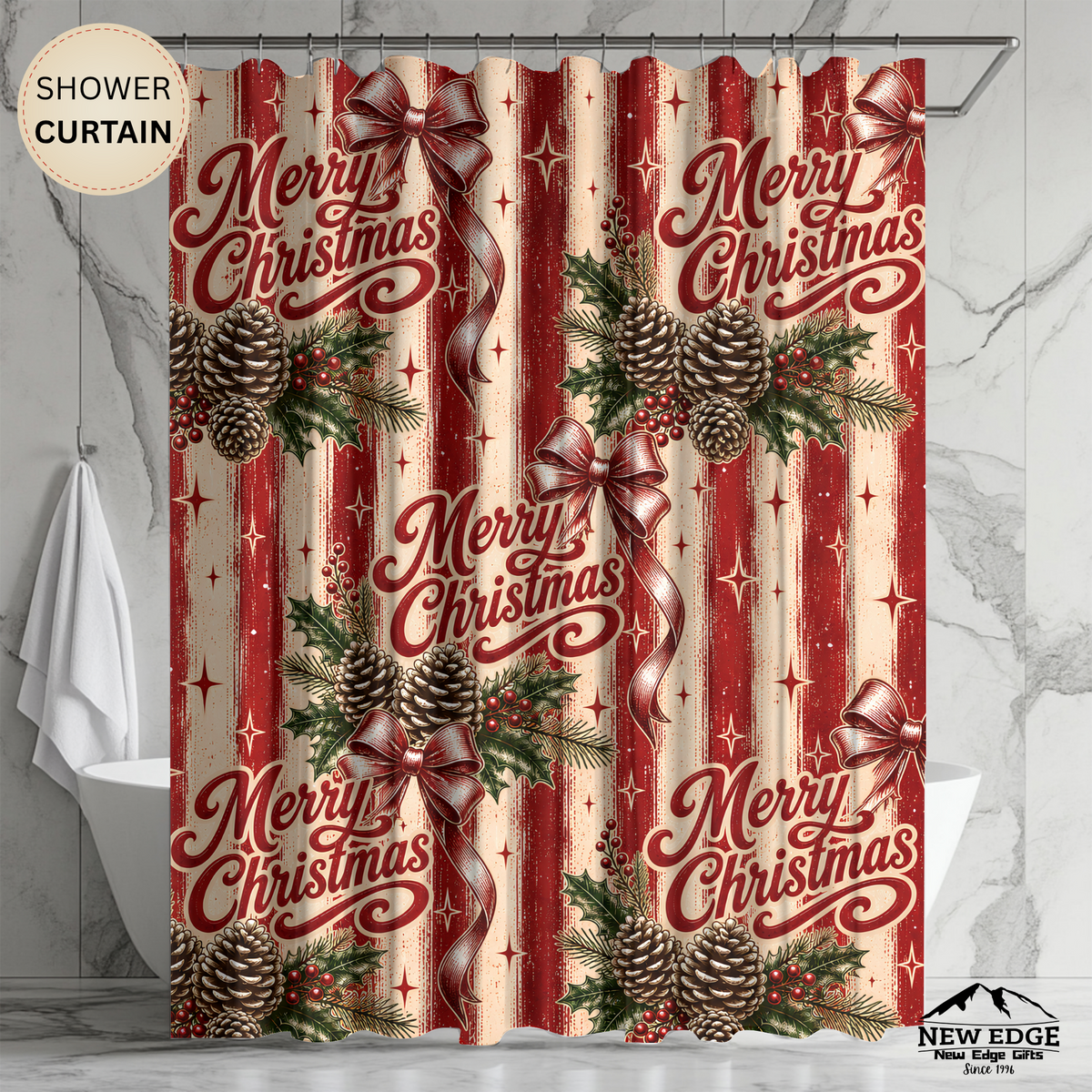 Merry Christmas Shower Curtain Pinecones Holly Berries Red Bows Rustic Stripes Farmhouse Holiday Bathroom Decor