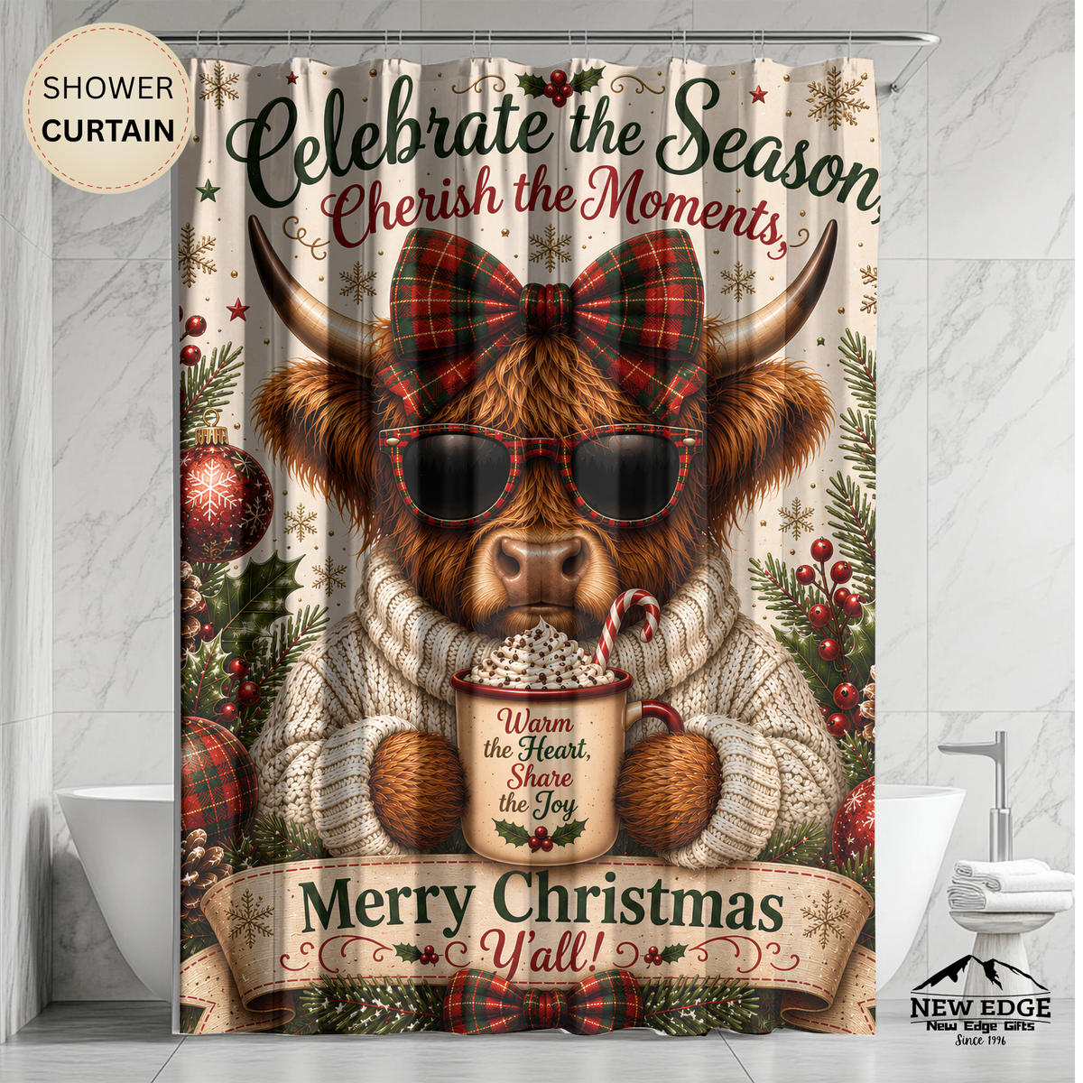 Highland Cow Christmas Shower Curtain Merry Christmas Hot Cocoa Plaid Bow Rustic Farmhouse Holiday Bathroom Decor