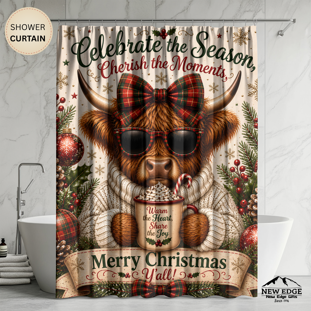 Highland Cow Christmas Shower Curtain Merry Christmas Hot Cocoa Plaid Bow Rustic Farmhouse Holiday Bathroom Decor