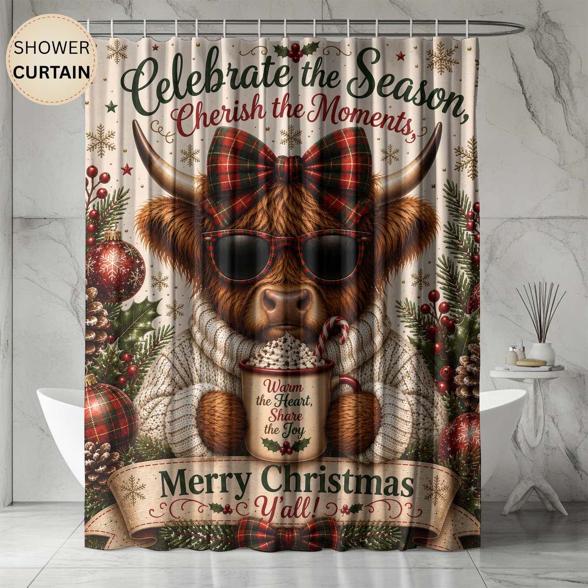 Highland Cow Christmas Shower Curtain Merry Christmas Hot Cocoa Plaid Bow Rustic Farmhouse Holiday Bathroom Decor