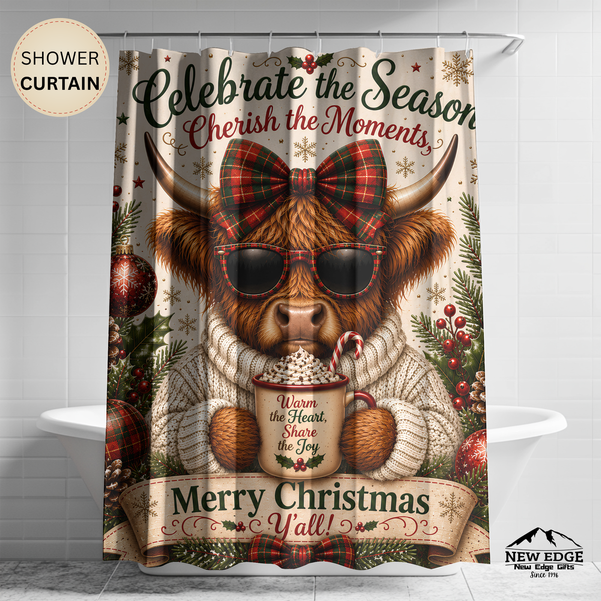 Highland Cow Christmas Shower Curtain Merry Christmas Hot Cocoa Plaid Bow Rustic Farmhouse Holiday Bathroom Decor