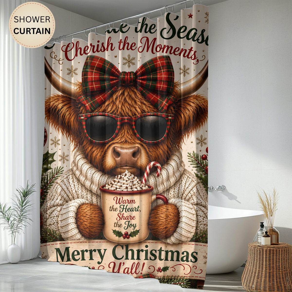 Highland Cow Christmas Shower Curtain Merry Christmas Hot Cocoa Plaid Bow Rustic Farmhouse Holiday Bathroom Decor