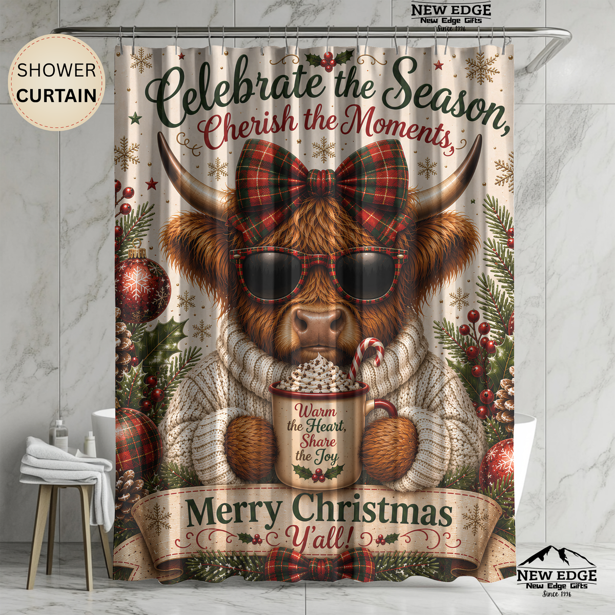 Highland Cow Christmas Shower Curtain Merry Christmas Hot Cocoa Plaid Bow Rustic Farmhouse Holiday Bathroom Decor