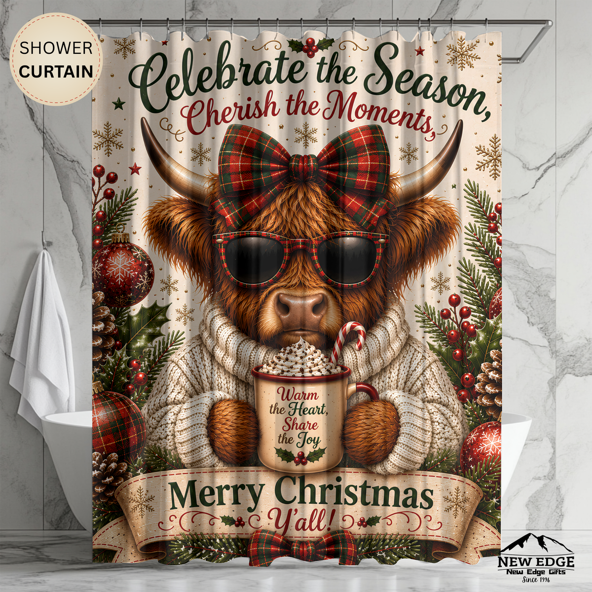 Highland Cow Christmas Shower Curtain Merry Christmas Hot Cocoa Plaid Bow Rustic Farmhouse Holiday Bathroom Decor