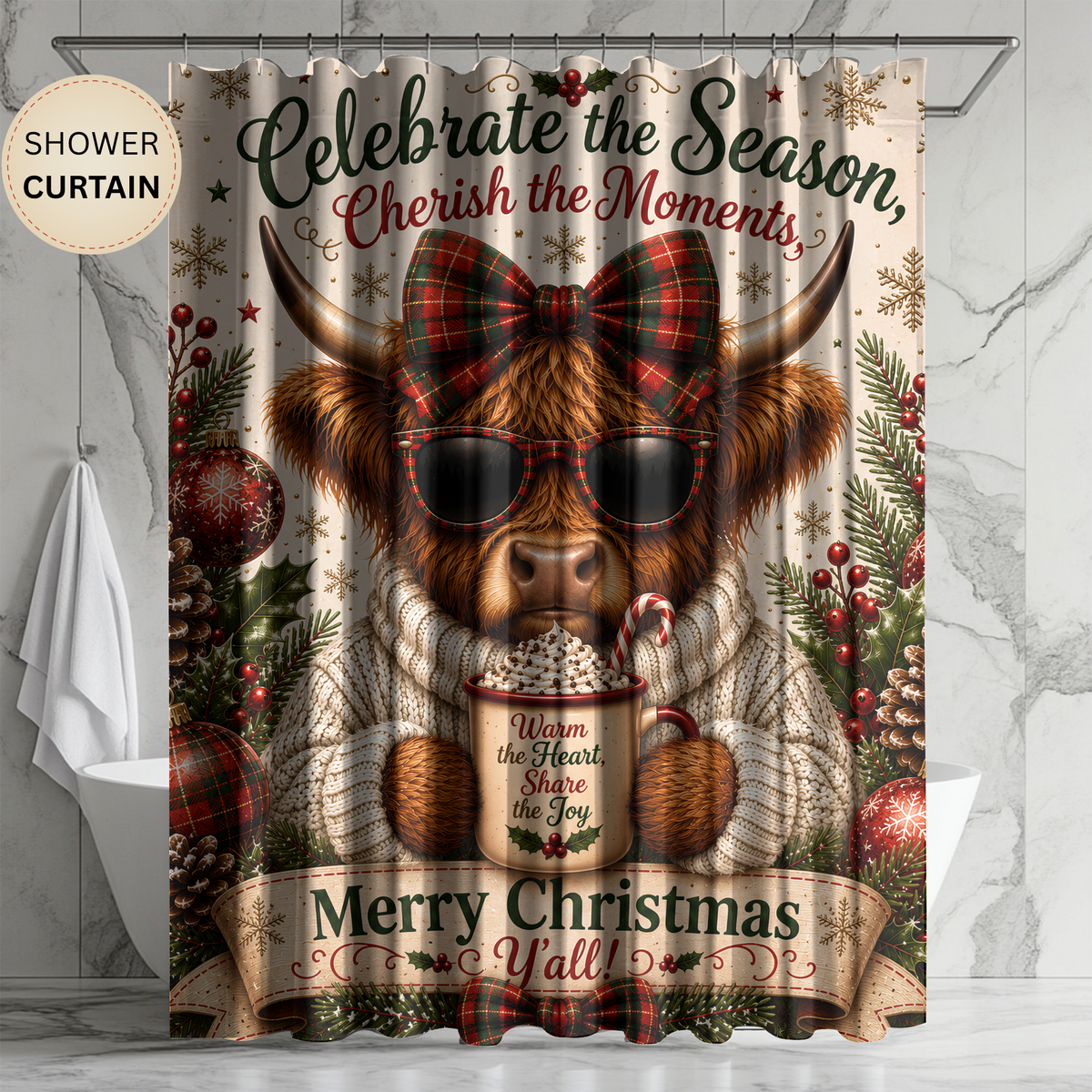 Highland Cow Christmas Shower Curtain Merry Christmas Hot Cocoa Plaid Bow Rustic Farmhouse Holiday Bathroom Decor