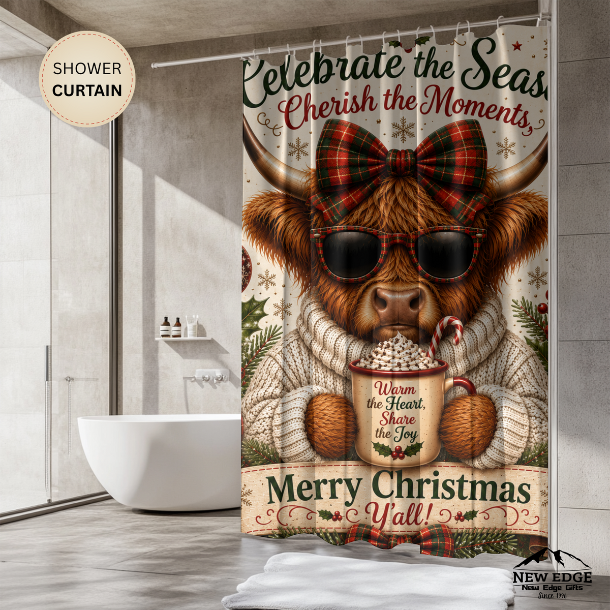 Highland Cow Christmas Shower Curtain Merry Christmas Hot Cocoa Plaid Bow Rustic Farmhouse Holiday Bathroom Decor
